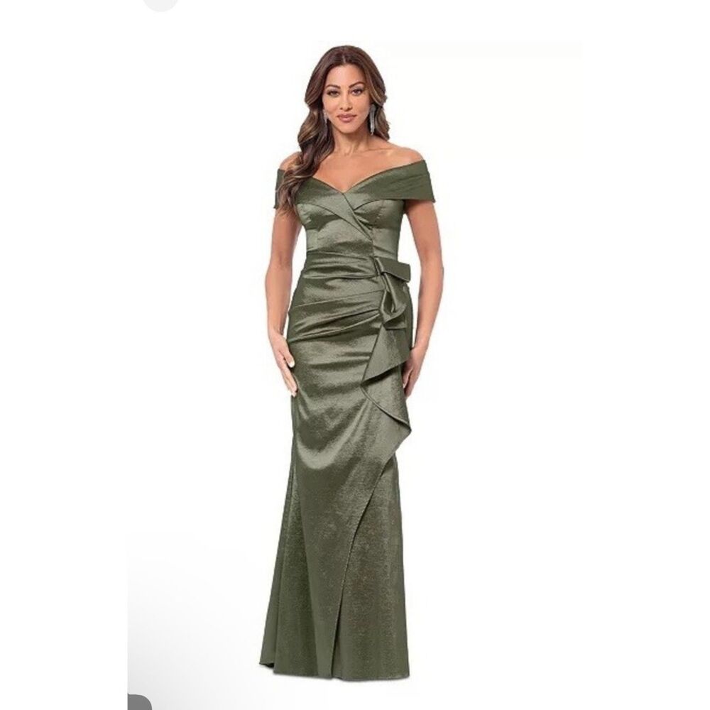 Xscape Olive Green Off Shoulder Ruched Formal Dress Size 4 NWT